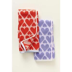 Anthropologie Heart Patterned Bath Towels Set - Red & Purple - Set of 2